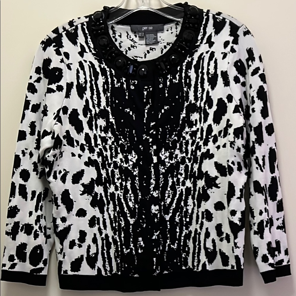 Per Se Black and White Embellished Sweater Cardigan Sz. S